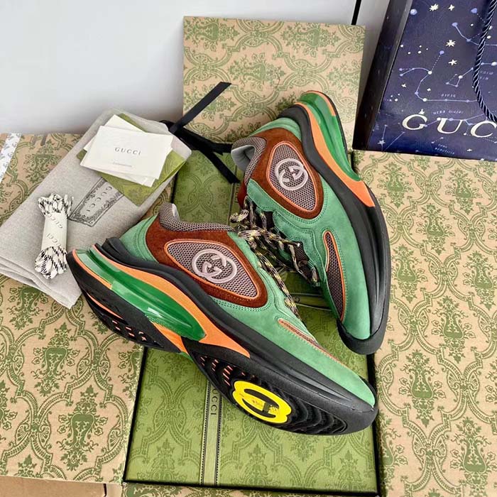 Gucci Unisex Run Sneaker Green Brown Suede Interlocking G Bi-Color Rubbe Low Heel (10)