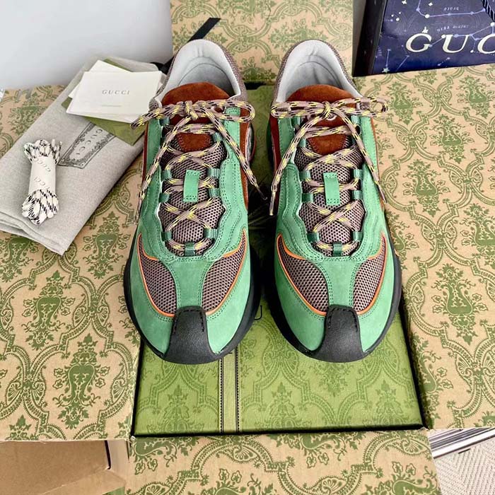 Gucci Unisex Run Sneaker Green Brown Suede Interlocking G Bi-Color Rubbe Low Heel (11)