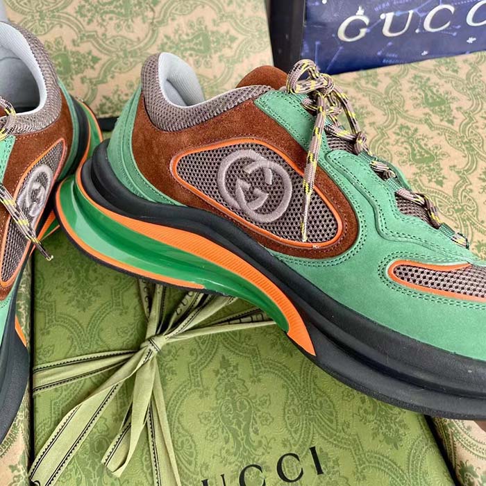 Gucci Unisex Run Sneaker Green Brown Suede Interlocking G Bi-Color Rubbe Low Heel (3)
