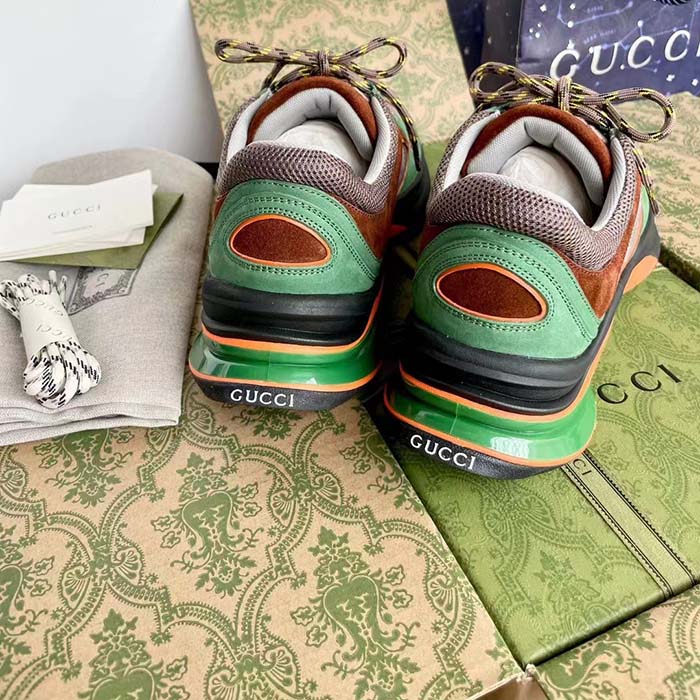 Gucci Unisex Run Sneaker Green Brown Suede Interlocking G Bi-Color Rubbe Low Heel (4)
