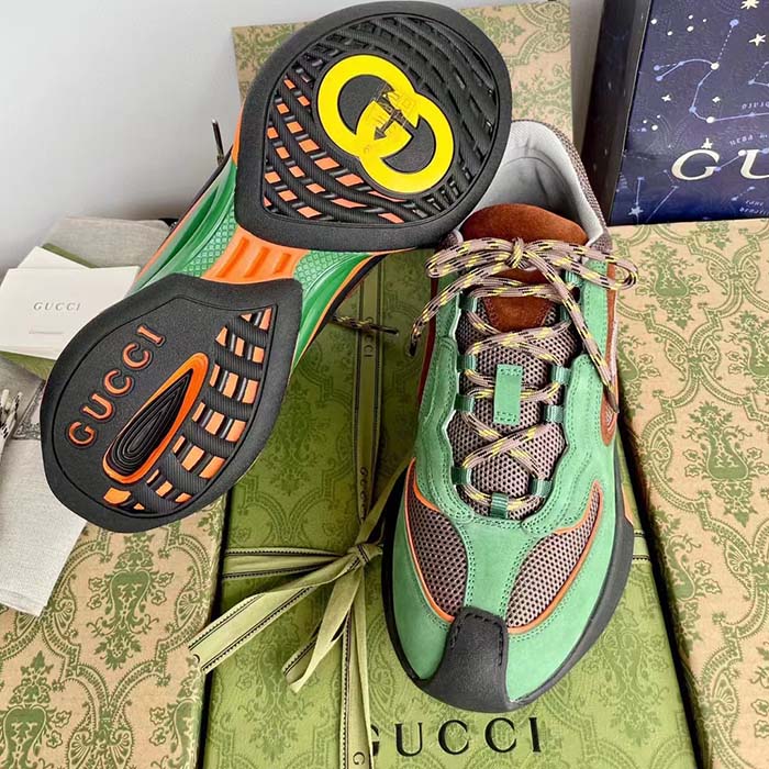 Gucci Unisex Run Sneaker Green Brown Suede Interlocking G Bi-Color Rubbe Low Heel (5)