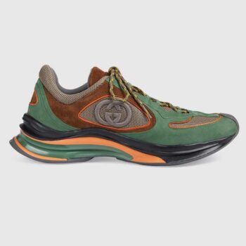 Gucci Unisex Run Sneaker Green Brown Suede Interlocking G Bi-Color Rubbe Low Heel