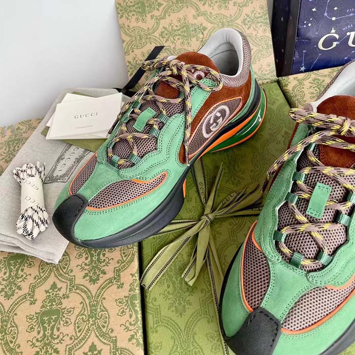 Gucci Unisex Run Sneaker Green Brown Suede Interlocking G Bi-Color Rubbe Low Heel (7)