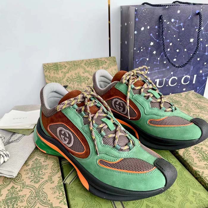 Gucci Unisex Run Sneaker Green Brown Suede Interlocking G Bi-Color Rubbe Low Heel (9)