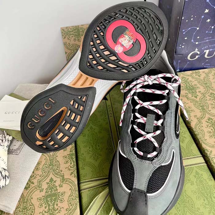 Gucci Unisex Run Sneaker Grey Black Suede Interlocking G Bi-Color Rubbe Low Heel (1)