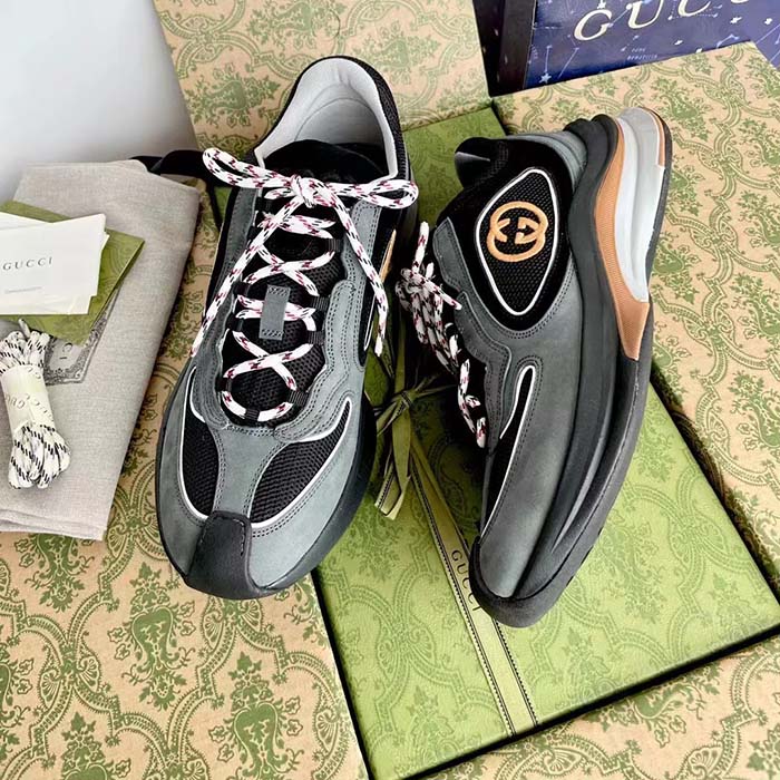 Gucci Unisex Run Sneaker Grey Black Suede Interlocking G Bi-Color Rubbe Low Heel (4)