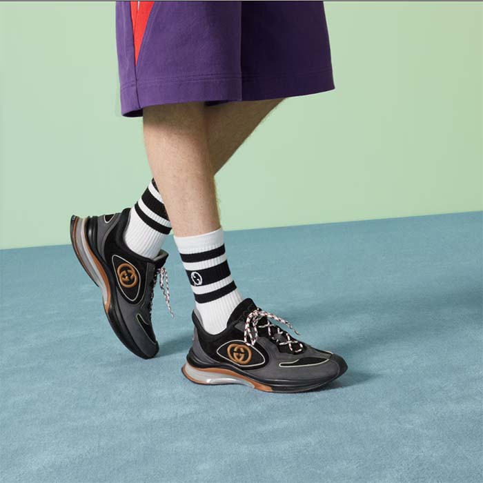 Gucci Unisex Run Sneaker Grey Black Suede Interlocking G Bi-Color Rubbe Low Heel (5)