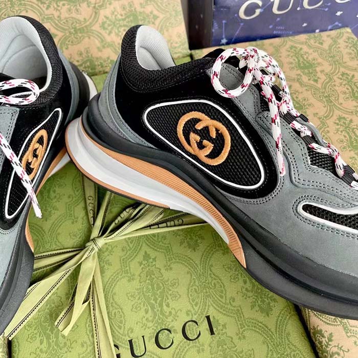 Gucci Unisex Run Sneaker Grey Black Suede Interlocking G Bi-Color Rubbe Low Heel (6)