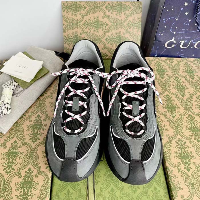 Gucci Unisex Run Sneaker Grey Black Suede Interlocking G Bi-Color Rubbe Low Heel (7)