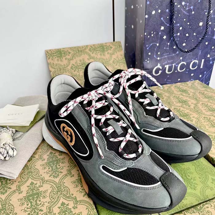 Gucci Unisex Run Sneaker Grey Black Suede Interlocking G Bi-Color Rubbe Low Heel (8)