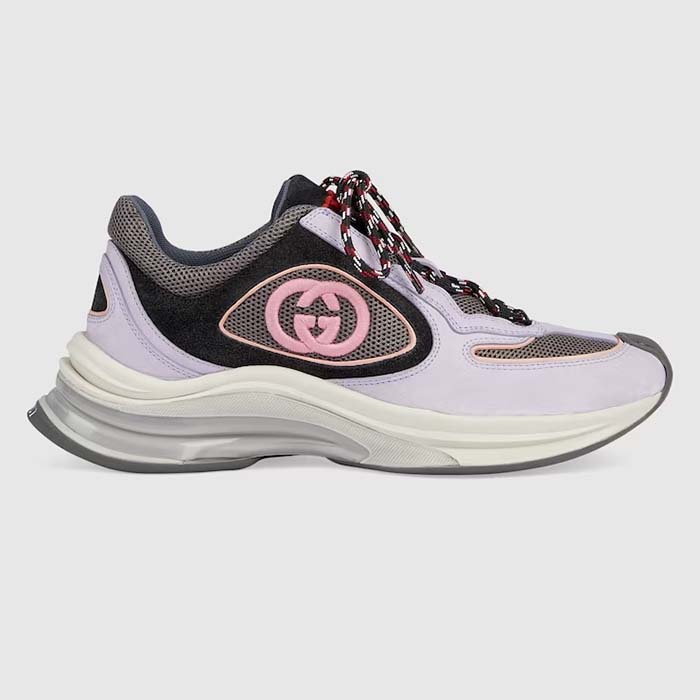 Gucci Unisex Run Sneaker Lilac Black Suede Interlocking G Bi-Color Rubbe Low Heel