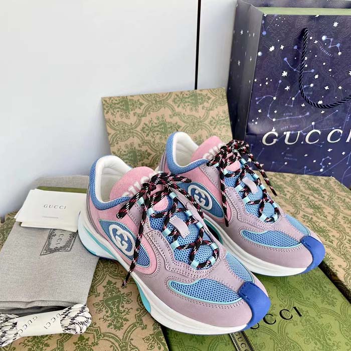 Gucci Unisex Run Sneaker Lilac Light Pink Suede Interlocking G Bi-Color Rubbe Low Heel (10)