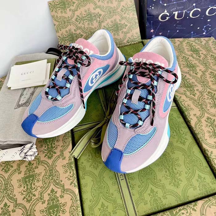 Gucci Unisex Run Sneaker Lilac Light Pink Suede Interlocking G Bi-Color Rubbe Low Heel (2)