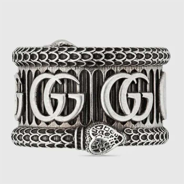 Gucci Unisex Silver Ring Double G Bi-Color 925 Sterling Silver Textured Snake-Shaped Trim