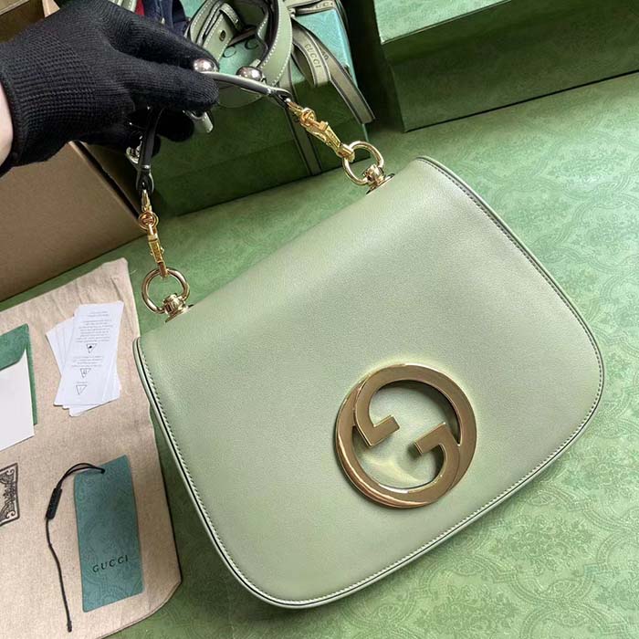 Gucci Women Blondie Top Handle Bag Light Green Leather Round Interlocking G (8)