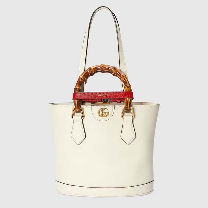 Gucci Women Diana Small Tote Bag White Leather Gold-Toned Hardware Double G