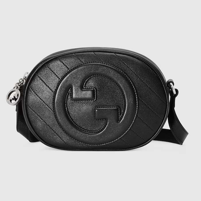 Gucci Women GG Blondie Mini Shoulder Bag Black Leather Round Interlocking G Patch
