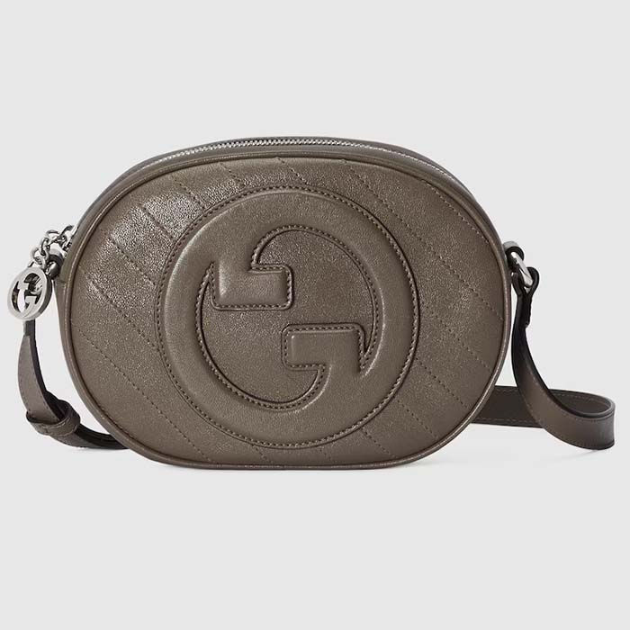Gucci Women GG Blondie Mini Shoulder Bag Brown Leather Round Interlocking G Patch