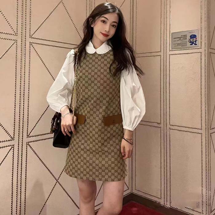 Gucci Women GG Canvas Dress Brown Beige Leather Unlined Crewneck Sleeveless (1)