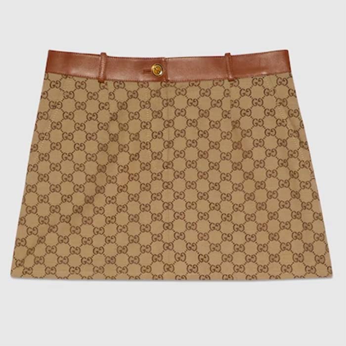 Gucci Women GG Canvas Skirt Camel Ebony Brown Leather Unlined Fitted Waistband Belt Loops
