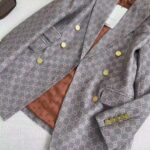 Gucci Women GG Cotton Canvas Jacket Grey Pink Lined Point Revers Double Breasted Fitted Waist – Image 7