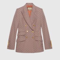 Gucci Women GG Cotton Canvas Jacket Grey Pink Lined Point Revers Double Breasted Fitted Waist (11)
