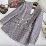 Gucci Women GG Cotton Canvas Jacket Grey Pink Lined Point Revers Double Breasted Fitted Waist – Image 2