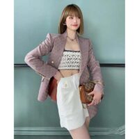 Gucci Women GG Cotton Canvas Jacket Grey Pink Lined Point Revers Double Breasted Fitted Waist (11)