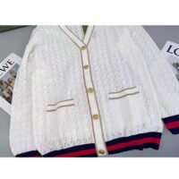 Gucci Women GG Cotton Cardigan Web Ivory G V-Neck Long Sleeves Button Closure (3)