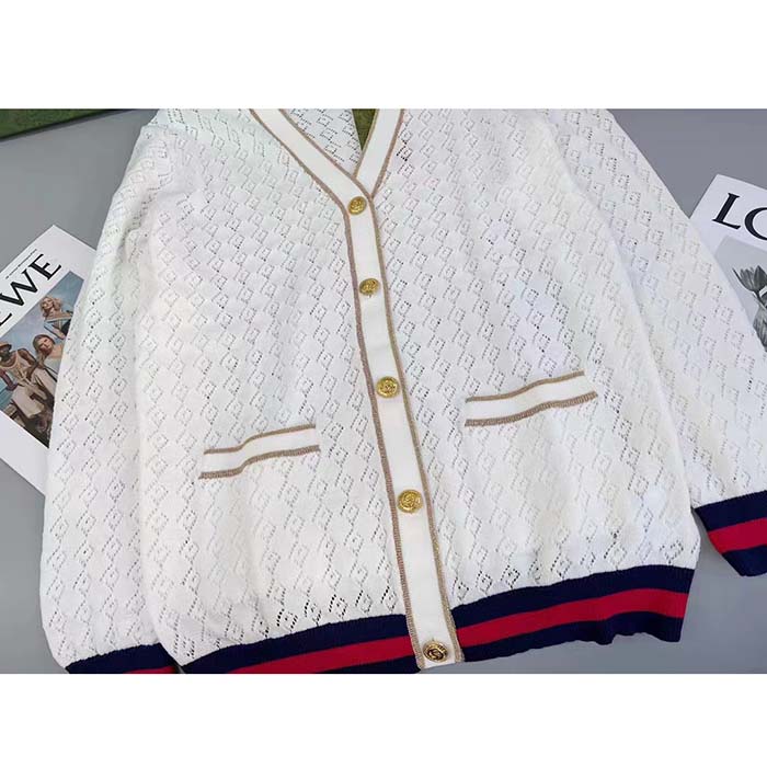 Gucci Women GG Cotton Cardigan Web Ivory G V-Neck Long Sleeves Button Closure (10)