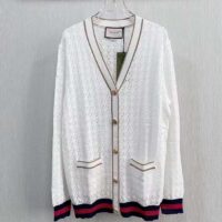 Gucci Women GG Cotton Cardigan Web Ivory G V-Neck Long Sleeves Button Closure (3)