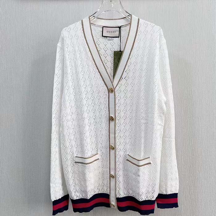 Gucci Women GG Cotton Cardigan Web Ivory G V-Neck Long Sleeves Button Closure (11)