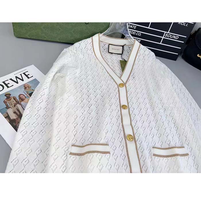 Gucci Women GG Cotton Cardigan Web Ivory G V-Neck Long Sleeves Button Closure (13)