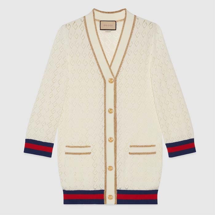 Gucci Women GG Cotton Cardigan Web Ivory G V-Neck Long Sleeves Button Closure