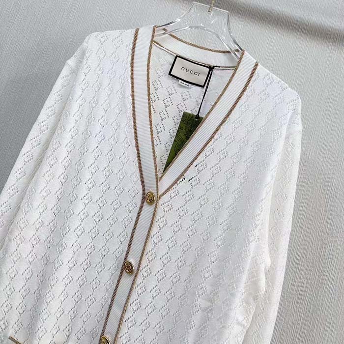 Gucci Women GG Cotton Cardigan Web Ivory G V-Neck Long Sleeves Button Closure (4)