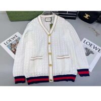 Gucci Women GG Cotton Cardigan Web Ivory G V-Neck Long Sleeves Button Closure (3)