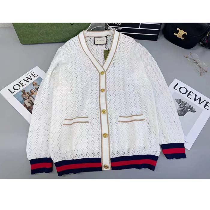 Gucci Women GG Cotton Cardigan Web Ivory G V-Neck Long Sleeves Button Closure (6)