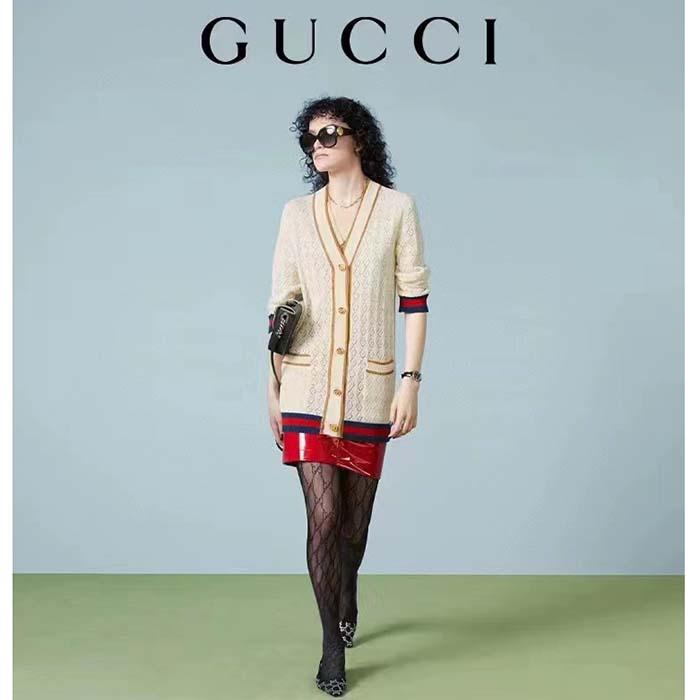 Gucci Women GG Cotton Cardigan Web Ivory G V-Neck Long Sleeves Button Closure (7)