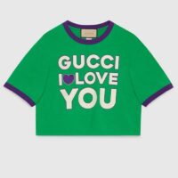 Gucci Women GG Cotton Jersey Cropped T-Shirt Green Medium Heart Patch Crewneck Short Sleeves