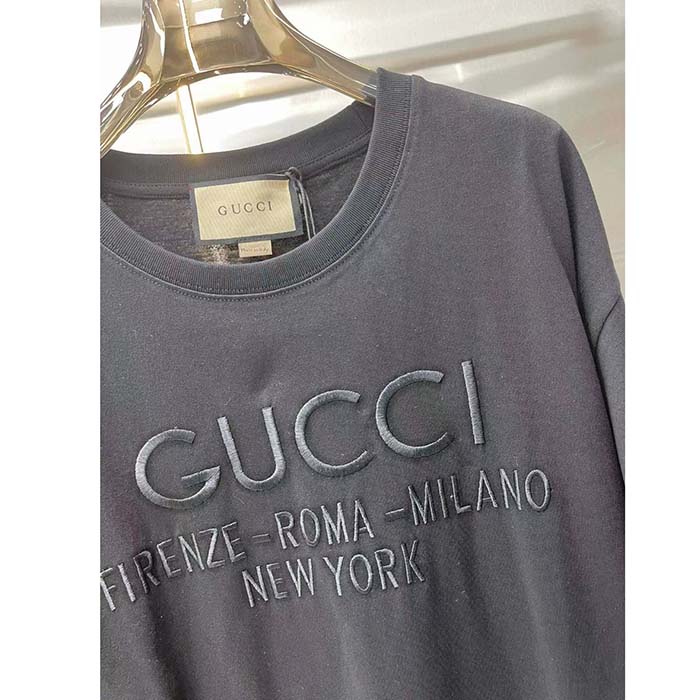 Gucci Women GG Cotton Jersey T-Shirt Black Heavy Cities Embroidery Crewneck Short Sleeves Oversize Fit (1)