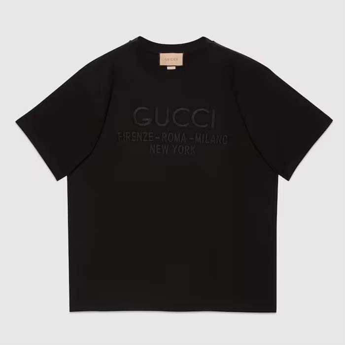 Gucci Women GG Cotton Jersey T-Shirt Black Heavy Cities Embroidery Crewneck Short Sleeves Oversize Fit