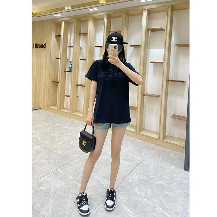Gucci Women GG Cotton Jersey T-Shirt Black Heavy Cities Embroidery Crewneck Short Sleeves Oversize Fit (13)