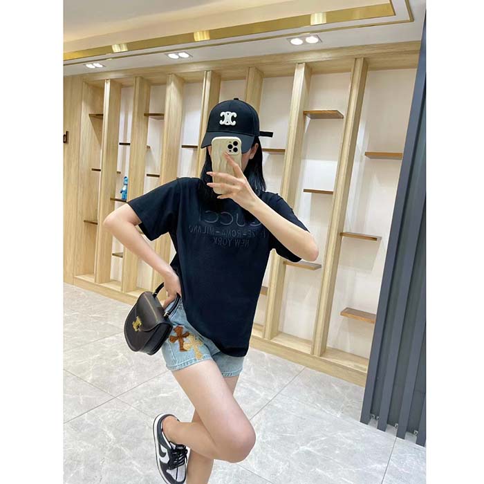 Gucci Women GG Cotton Jersey T-Shirt Black Heavy Cities Embroidery Crewneck Short Sleeves Oversize Fit (14)