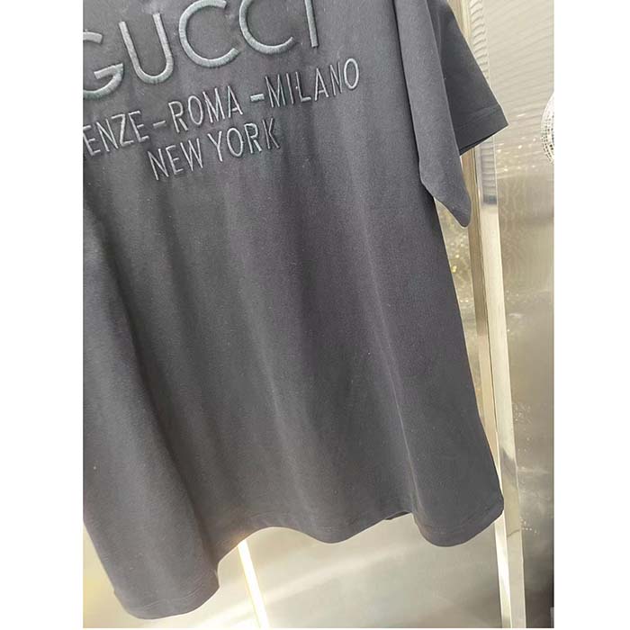 Gucci Women GG Cotton Jersey T-Shirt Black Heavy Cities Embroidery Crewneck Short Sleeves Oversize Fit (8)