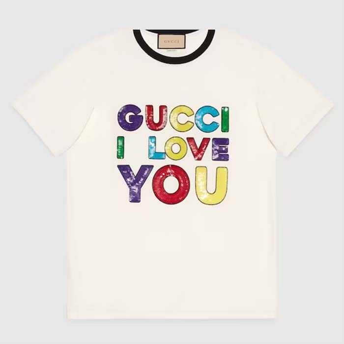 Gucci Women GG Cotton Jersey T-Shirt Embroidery Off White Crewneck Short Sleeves