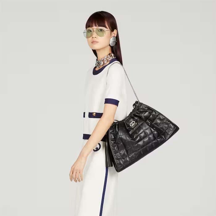 Gucci Women GG Deco Medium Tote Bag Black Quilted Leather Interlocking G (10)