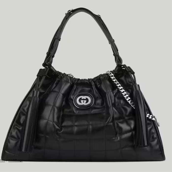 Gucci Women GG Deco Medium Tote Bag Black Quilted Leather Interlocking G