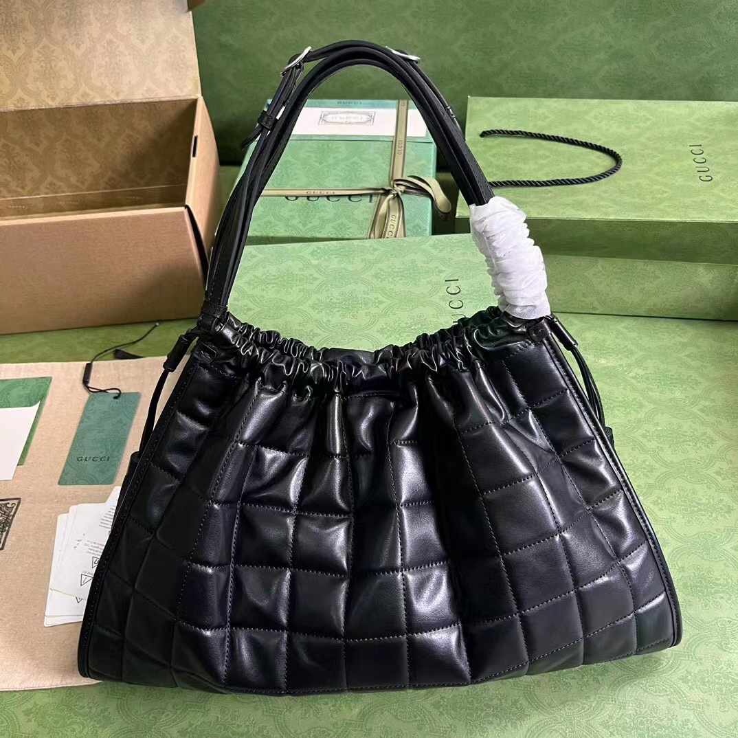 Gucci Women GG Deco Medium Tote Bag Black Quilted Leather Interlocking G (7)
