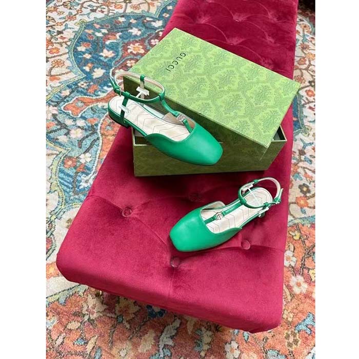 Gucci Women GG Double G Ballet Flat Light Green Leather Square Toe 1.5 CM Heel (10)