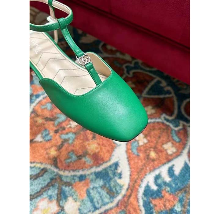 Gucci Women GG Double G Ballet Flat Light Green Leather Square Toe 1.5 CM Heel (8)